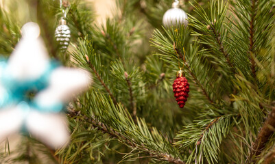 The toys are hanging on the branches of the tree.