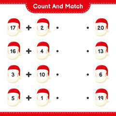 Count and match, count the number of Santa Claus and match with right numbers. Educational children game, printable worksheet, vector illustration