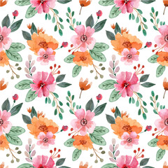 Seamless Watercolor Pattern with Orange and Red Flower
