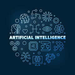 Artificial Intelligence AI concept vector colored blue modern thin line round illustration on dark background