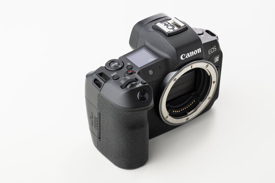 Varna, Bulgaria - November 07,2020: Image of Canon EOS R Mirrorless Digital Camera with dual pixel AF on a white background. Canon is the world largest SLR camera manufacturer.