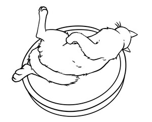A line drawing of a cat lying on in a basket. Cartoon style illustration.  Hand-drawn vector.