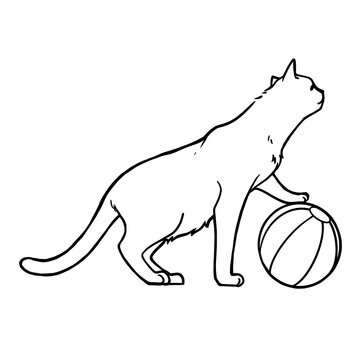 A Cat playing a ball. Line art cartoon character black ink hand painting for decoration in pet artwork advertising, coloring book, textbook for small children.