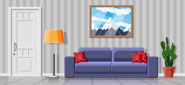 Interior of modern living room. Sofa, plant, picture of mountain, lamp and door. Home decor. Interior for relax and work. Inside of house. Cartoon flat vector illustration