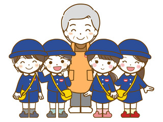 老年男性保育士と幼稚園児たち