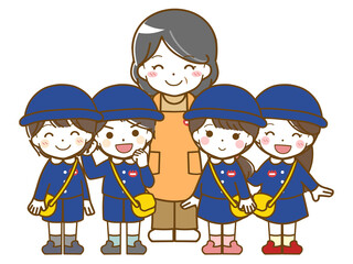 中年女性保育士と幼稚園児たち