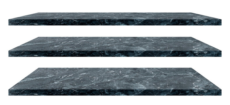 Set of Empty space black marble stone shelf isolated on white background. (Clipping path)
