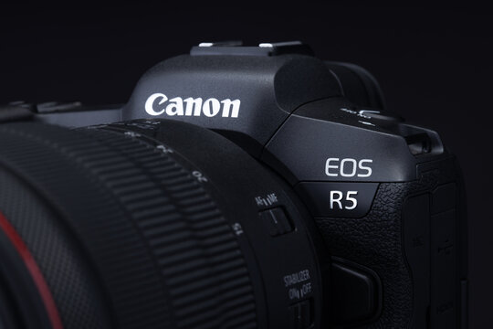 Varna, Bulgaria - November 07,2020: Image of Canon EOS R5 Mirrorless Digital Camera with dual pixel AF on a black background. Canon is the world largest SLR camera manufacturer.
