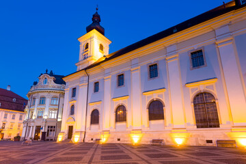 Fototapeta na wymiar Image of City hall of Sibiu in hight light in Romania.