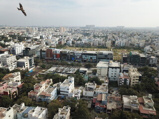 Aerial lake view of the buildings in the center of Bangalore city 