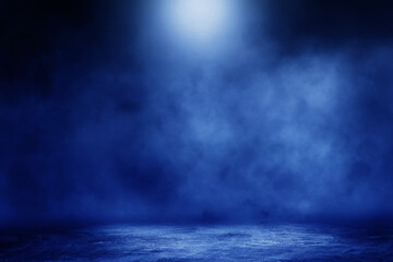 Empty space of Studio dark room concrete floor grunge texture background with blue lighting effect and smoke in background.