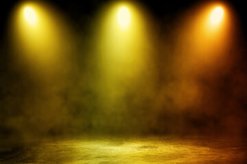 Empty space of Studio dark room concrete floor grunge texture background with golden lighting...