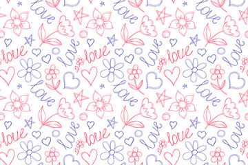 Hearts and love. Seamless pattern. Hand drawn flowers and stars. Vector illustration. Pen or marker doodle sketch. Repeat contour drawing.
