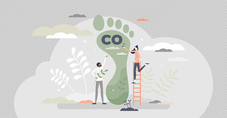 Carbon footprint as CO2 emission pollution amount in air tiny person concept