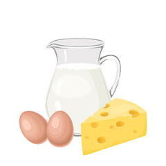 Cheese, eggs and glass jug with milk isolated on a white background. Vector illustration of dairy products in cartoon flat style.