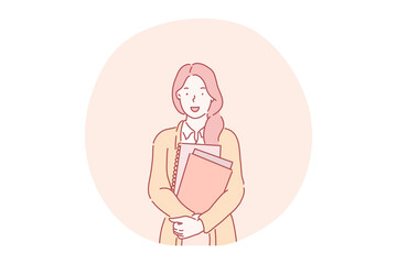 Manager, office worker, student, teacher, assistant, secretary concept. Young smiling woman cartoon character standing and holding heap of work documents in hands. Marketing specialist, career, job