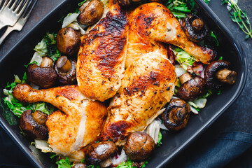 Top view of roasted chicken legs and breasts served with fresh salad and mushrooms in black pan.
