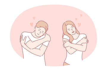 Love, tenderness, embrace, care, romance, flirt, dating concept. Young happy couple in love cartoon characters showing love and hugging with hears around. Positive emotions, happiness, relationship