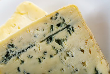 Slices of tasty soft blue cheese with blue mold at plate, nobody