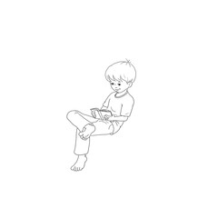 Kind Junge sitzt barfuß ein Bein über das andere geschlagen bequem und schaut in ein Buch liest Schüler Bildung lernen zu Hause homeschooling Freizeit lächelt vergnügt Freiheit genießen Ausmalbild