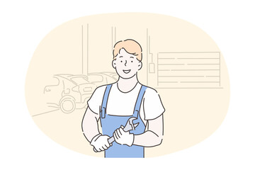Mechanic, auto repairing salon, auto-fitter, repairman, technician concept. Young smiling repairman in working uniform cartoon character standing wrench for repairing in hands in car service 