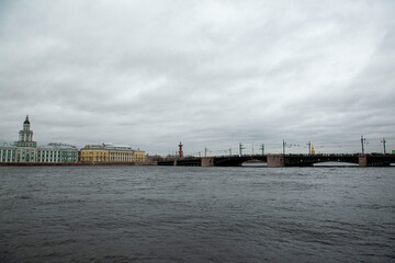 Embankment of the river Neva on a cloudy day, Petersburg, Russia.