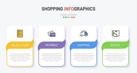 Concept of shopping process with 4 successive steps. Four colorful graphic elements. Timeline design for brochure, presentation, web site. Infographic design layout.