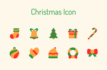 Christmas icon set collection package socks bell xmas snowman ribbon glove glass ball white isolated background with color flat style