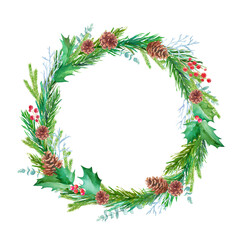 Fototapeta na wymiar 松毬、もみの枝、西洋柊などのクリスマス装飾の水彩イラスト。リース。