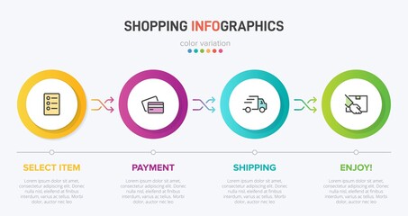 Concept of shopping process with 4 successive steps. Four colorful graphic elements. Timeline design for brochure, presentation, web site. Infographic design layout.