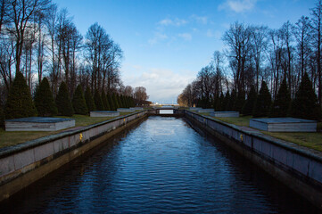 Peterhof park on a sunny spring day, St. Petersburg, Russia.