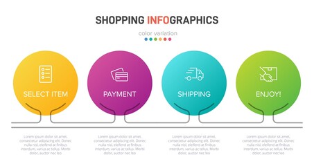 Concept of shopping process with 4 successive steps. Four colorful graphic elements. Timeline design for brochure, presentation, web site. Infographic design layout.