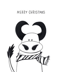 Cute cozy vertical rectangle flat bull cow and inscription merry christmas. Contour doodle art. Print for postcard, calendar, invitation, children's book, banner, advertising