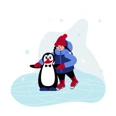 In Winter girl is learning to Skate on ice and cute little Penguin helps her not to fall.