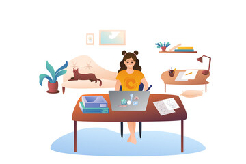 The woman draws with a stylus on a graphics tablet. Cozy office at home, remoteworking as a home designer. A girl designer is sitting at a work table. Cat on the sofa.