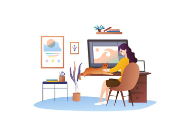 The girl strokes a cat at the workplace. Remote work as a graphic illustrator. Working as a home designer. Cozy home office.