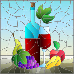 Stained glass illustration with still life,wine bottle, glass and fruit, square image