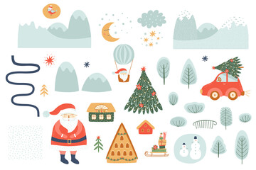 Winter hand drawn landscape creator. Christmas landscape elements set. Outdoor clipart. Houses, mountains, trees