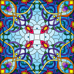 Illustration in the stained glass style with an abstract flower arrangement on a blue background, square image