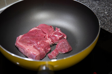Close up shot of raw steak on frying pan