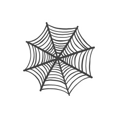 Hand drawn black spider web isolated on white background. Halloween clip art for design. 