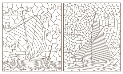 A set of contour illustrations of stained glass Windows with old sailing ships, dark contours on a white background, rectangular images