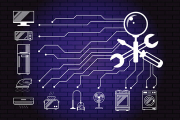 Repair, maintenance of household appliances - a symbol in the form crossed screwdriver, wrench and magnifier on background of brick illuminated wall