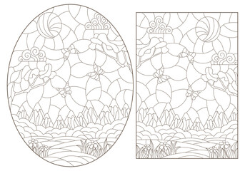 Set of contour illustrations in stained glass style with landscapes, summer views with mountains, meadows and sky, dark outlines on a white background