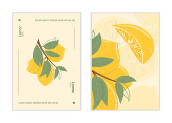 Fototapeta na wymiar Fresh textured lemon fruits on branch with leaves vector hand drawn cards design with text.