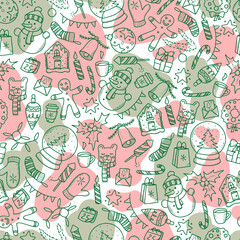 Cute seamless pattern with Chrismtas doodles for wrapping paper, scrapbooking, stationery, packaging, textile prints, wallpaper, etc.