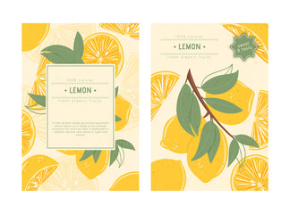Fresh textured lemon fruits on branch with leaves vector hand drawn cards design with text.