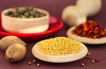 dried yellow mustard seeds on wooden plate close up, various spices are in the background
