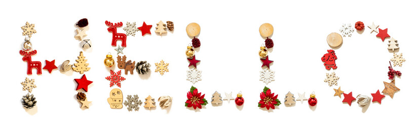 Colorful Christmas Decoration Letter Building English Word Hello. Festive Ornament Like Christmas Tree, Star And Ball. White Isolated Background