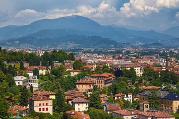 Fototapeta na wymiar Aerial view of the old town Bergamo in northern Italy. Bergamo is a city in the alpine Lombardy region.